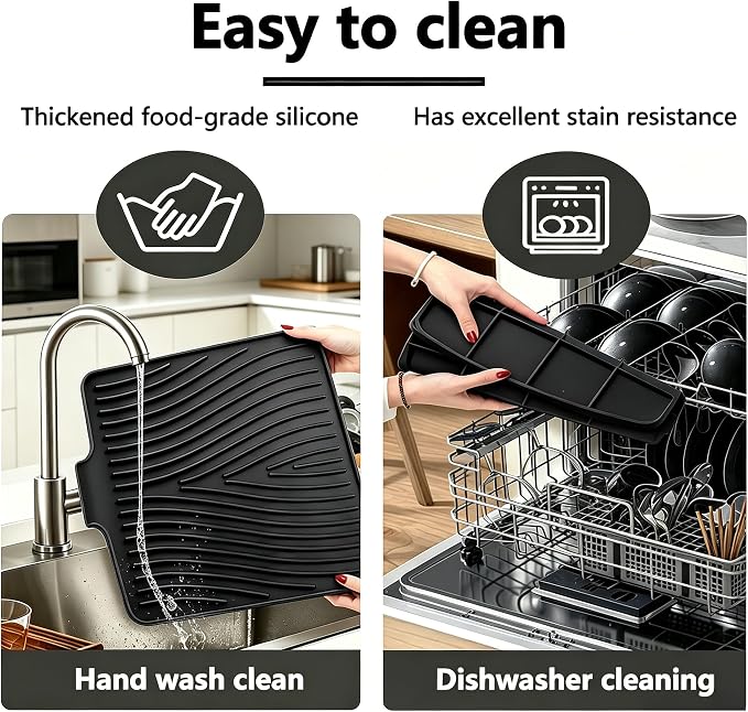 Silicone Dish Drying Mat,Dish Drying Pad,kitchen accessories,with Built-In and Non-Slip Drain,easy Clean, fit for kitchen, Bar, RV, Refrigerator and Drawer Liner, 15.7 * 13 in Black 1PCS by EBIGIC