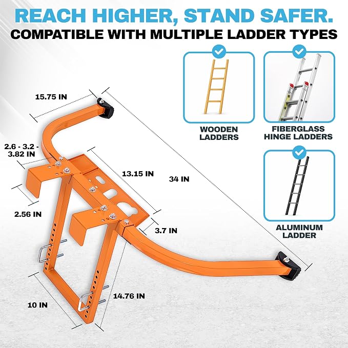 Heavy Duty Ladder Stabilizer with Tool Tray | 500 LBS Capacity, 34" Wide Steel Standoff Arms for Gutter Cleaning, Roofing & Wall Work, Fits Extension, Straight & Telescoping Ladders - Anti-Slip