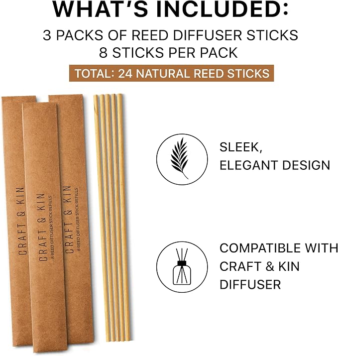 Craft & Kin Reed Diffuser Sticks – 3-Pack of 8 Natural Rattan Diffuser Sticks – Eco-Friendly Reed Replacement for Essential Oil Diffusers – Home Fragrance Accessory for Bedroom & Bathroom
