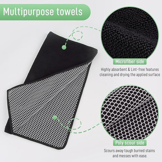 SINLAND Microfiber Dish Cloth for Washing Dishes Dish Washing Rags Best Kitchen Washcloth Cleaning Cloths Wash Cloths with Poly Scour Side 12Inchx12Inch 10 Pack Black