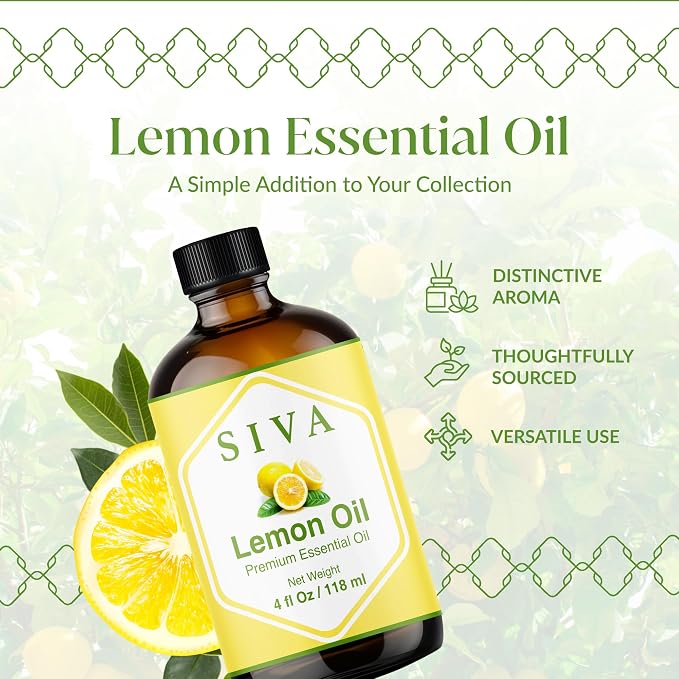 Siva Lemon Essential Oil, Glass Bottle with Dropper, 4 Fl Oz (118 ml) | Lemon Oil for Diffuser, Humidifier, Home Fragrance, Cleaning Blends, Soap Making, Candle Making, Bath Salts & DIY Projects