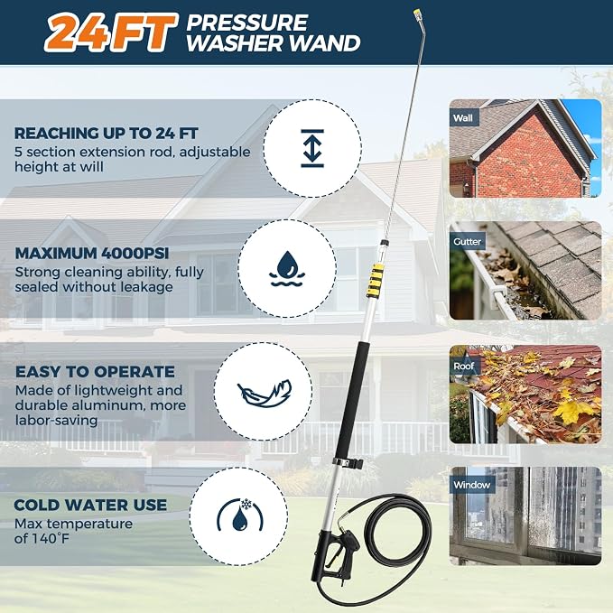 24 FT Aluminum Pressure Washer Telescoping Wand with 3 Pressure Washer Extension Wand, Brush Head, Gutter Cleaning tools with Power Washer Extension Wand, Gutter Cleaner Wand, 7 Spray Nozzle Tips