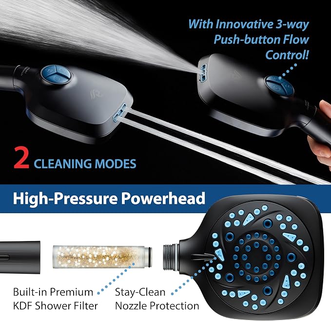 AquaCare 82-Mode High Pressure 6-way Combo with Filter & 2-mode Power Wash | Filters Chlorine & Toxins, Softens Hard Water for Healthy Skin & Hair. Handheld Shower Head Cleans Tub, Tile & Pets / Black