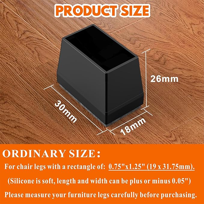 Rectangle Chair Leg Protectors for Hardwood Floors,16 PCS Silicone Covers to Protect Wood Tile Floors Felt Pads Furniture Leg Caps Reduce Noise. Easy to Move. (Black, 0.75 x 1.25 Inch,Rectangular)