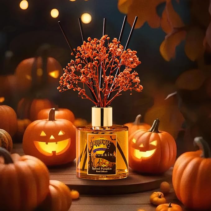 Reed Diffuser - Spiced Pumpkin 6.7 fl oz Scented Diffuser with 8 Sticks Home Fragrance Bathroom Shelf Decor (Halloween Collection)