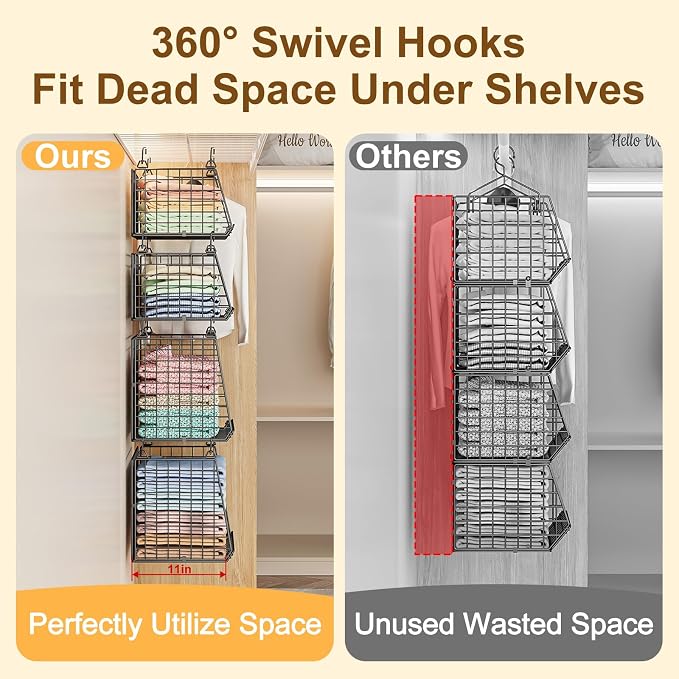 Lyuwanxian 4-Tier Hanging Closet Organizer with 360°Rotating Hooks – Foldable Hanging Shelves for Small Spaces, Wire Storage Basket, Closet Organizer System, Black