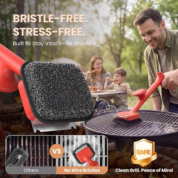 ThermoMaven BBQ Grill Brush Bristle Free - 17" Safe Steam Grill Cleaner Brush with Scraper and 5 Brush Heads for Porcelain/Gas/Charcoal Grill Outdoor Grill Barbecue Cleaner