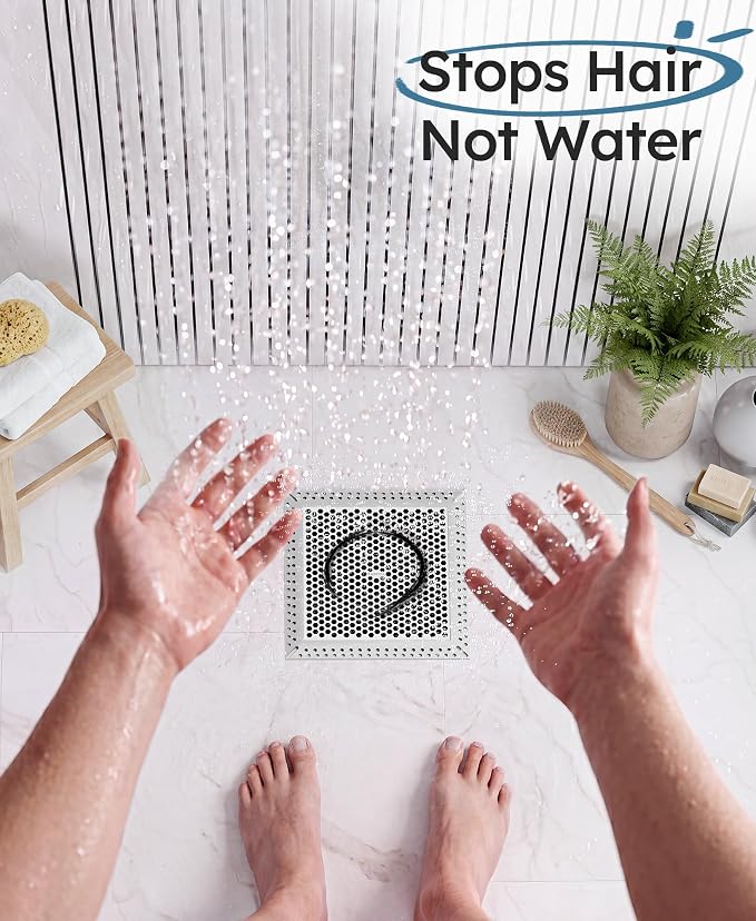 Square Shower Drain Hair Catcher, Flat Shower Drain Hair Catcher, Anti-Clogging Fast Drainage, Anti-Slip & Stays in Place, Easy Clean Fits Bathroom Hair Catcher for Shower (Gray, 6 inch)