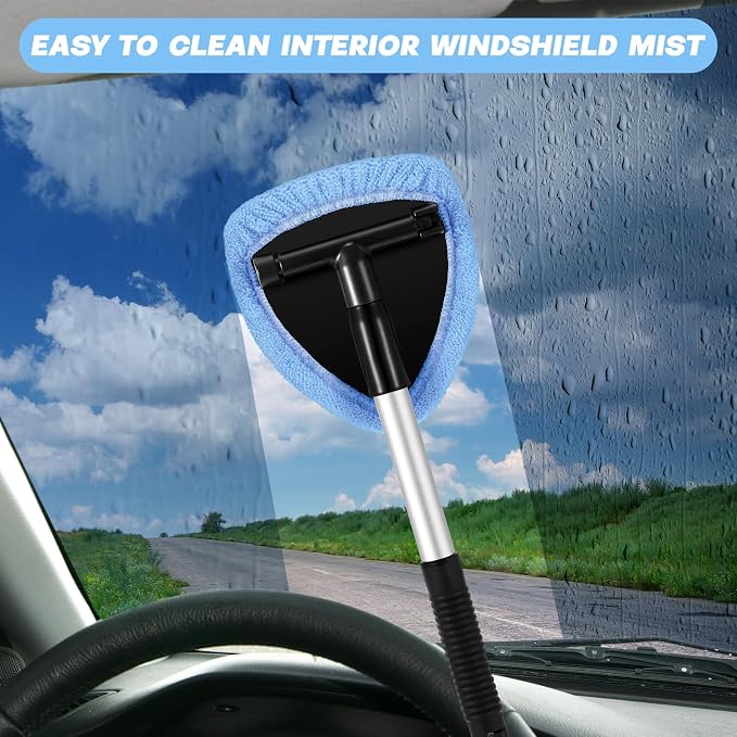 Potchen 8pcs Car Windshield Cleaner Tool with Extendable Handle, Light Blue | with Microfiber Towel Pads, Brush, Empty Spray Bottle, Car Window Cleaner for Auto Glass Wiper Suvs Rvs & Home Windows