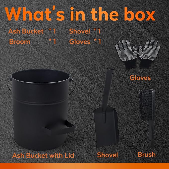 Ash Bucket with Lid and Shovel, 4 Gallon Ash Bucket for Fireplace, Complete Fireplace Tools Set, Fireplace Bucket for Ashes for Wood Stove