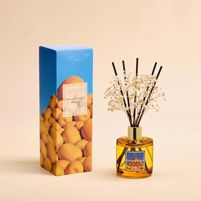 Reed Diffuser - Morton Pumpkin Harvest Reed Diffuser Set with 8 Sticks & Preserved Baby's Breath, Reed Diffuser for Home Bathroom Shelf Decor