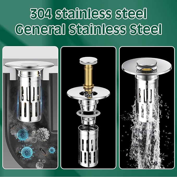 Vodolo 3 in 1 Sink Drain Strainer with Hair Catcher,8PCS Stainless Steel Popup Sink Stopper with Basket for Bathroom Kitchen Shower,Pop-up Bounce Core Floor Basin Drain Filter,Replacement Sink Plug