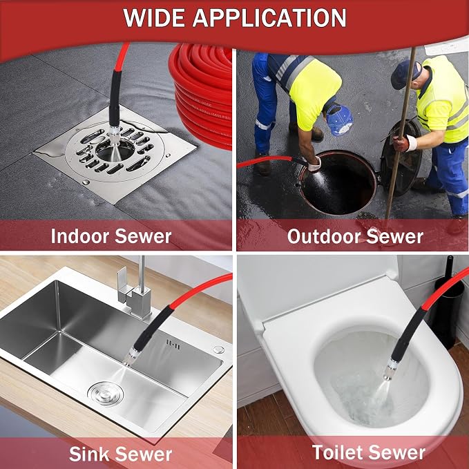 100FT Sewer Jetter Kit for Pressure Washer 5800PSI Drain Cleaner | 1/4" NPT Hose with 5 Jetting Nozzles Waterproof Tape and Spanners for Pressure Washer Drain Cleaning