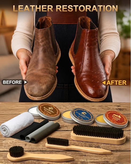 Jevvu Leather Shoe Cleaning Kit with Saddle Soap, Mink Oil & Waterproof Wax | Boot Cleaner & Shoe Shine Kit with Horsehair Brushes, Polish Cloths & Towel for Cowboy Boots, Work Boots, Shoes & Tack