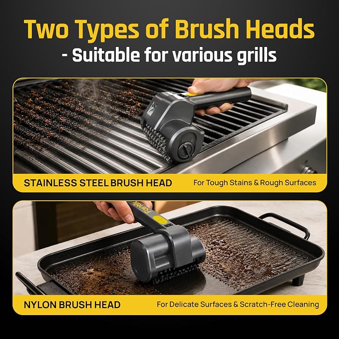 Fantik Electric Grill Brush, Cordless Rechargeable BBQ Grill Cleaner | Built-in LED for Night Use, w/550 RPM, Reinforced 304 Stainless Steel & Dishwasher Safe Removable Brushes, for Outdoor Grill