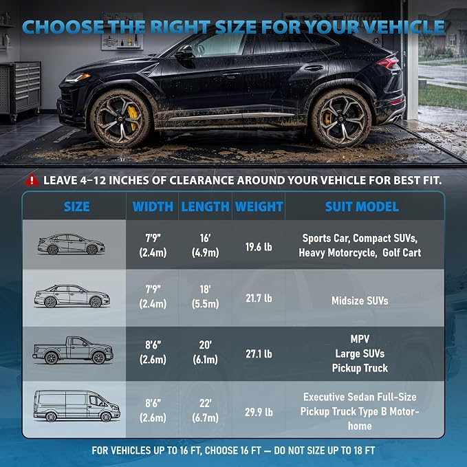 8'6" x 20' Garage Floor Mat, 610GSM PVC Containment Mat for Cars | Heavy-Duty, 1.2in Raised Edges, Waterproof Garage Protection, Non-Slip Design, Easy Hose Clean, Kit with Squeegee