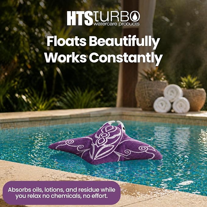 Swimming Pool & Swim Spa Scum Absorber - Purple Oil Absorbing Stingray, Reusable Floating Sponge Soaks Up Oil Makeup Lotion from Pool Surface, Machine Washable