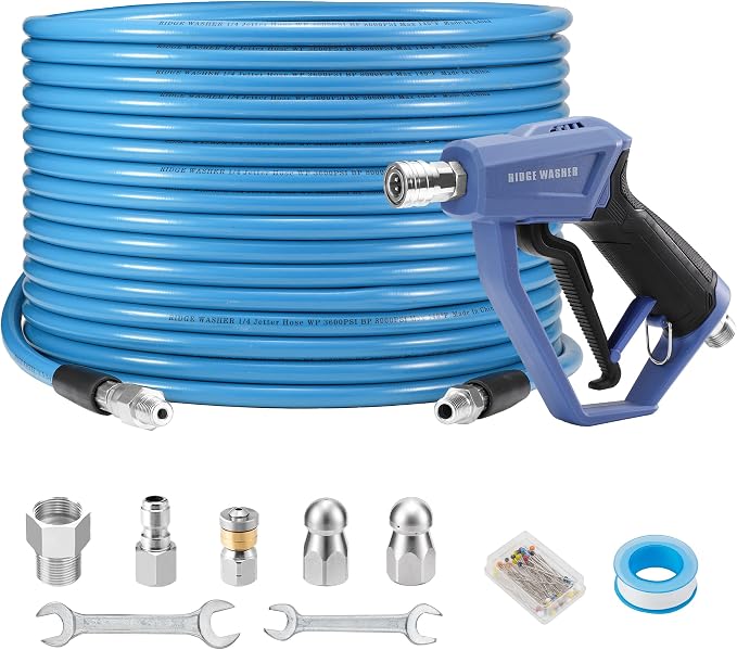 Sewer Jetter Kit for Pressure Washer 100FT, 3600 PSI | Drain Cleaning Hose with Short Power Washer Gun, 1/4 Inch NPT Corner, Rotating and Button Nose Sewer Jetting Nozzle