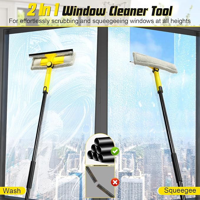 Professional Window Squeegee with 60" Extension Pole for Home | 2 in 1 Squeegee for Window Cleaning with Scrubber/ Rotatable Head for Car Glass Shower Indoor & Outdoor High Windows