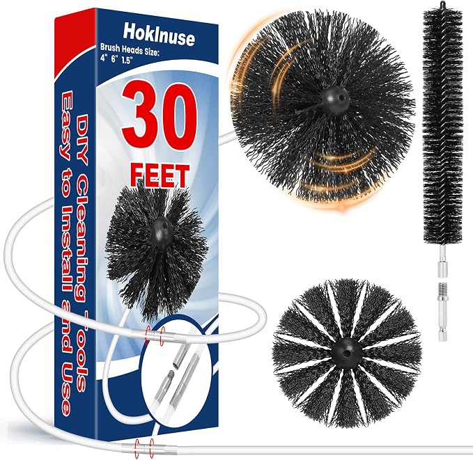HOKLNUSE Dryer Vent Cleaner Kit Ducts Cleaning Kit for Dryer Air Duct HVAC Vent Fireplace Chimney Pellet Stove Gutter Downspout Dryer Vent Lint Removers with 1.5" 4" 6" Brush Heads(30 Feet)