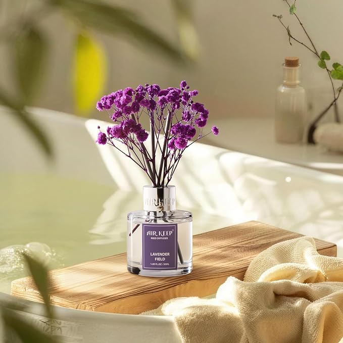 Reed Diffuser Set,1.69 fl oz (50 ml) - Lavender Field Oil Diffusers with 8 Reed Sticks,Home Fragrance Reed Diffuser for Bathroom Shelf Decor