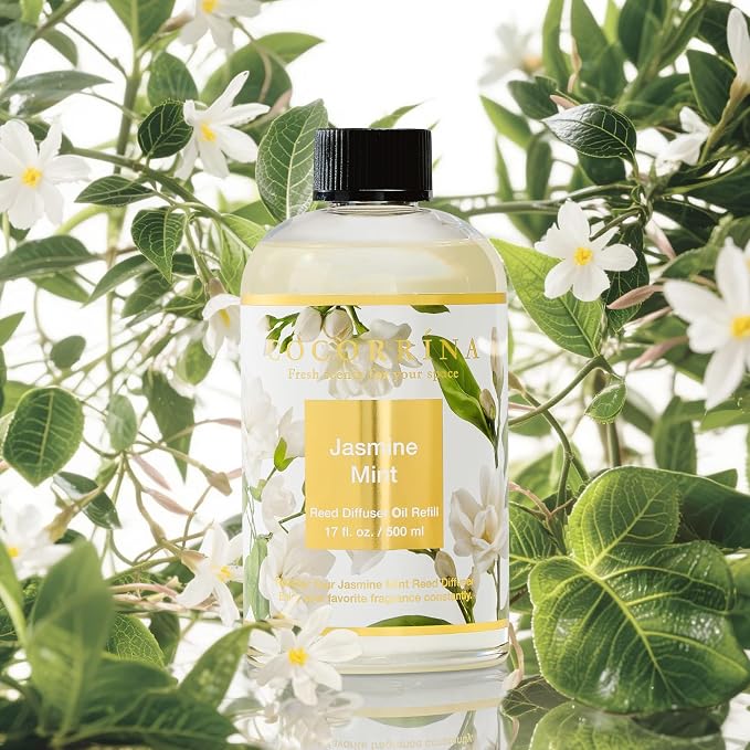 Reed Diffuser Refill Jasmine&Mint 17oz (500ml) with 8 Sticks - Premium Long-Lasting Scented Oil, Home Fragrance for Bedroom, Bathroom Home Decor