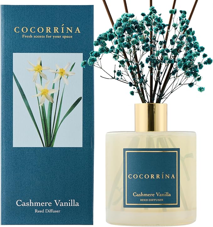 Reed Diffuser - Cashmere Vanilla 17 Fl.oz Reed Diffuser with 8 Sticks Scented Diffuser with Preserved Flowers for Bathroom Home Decor