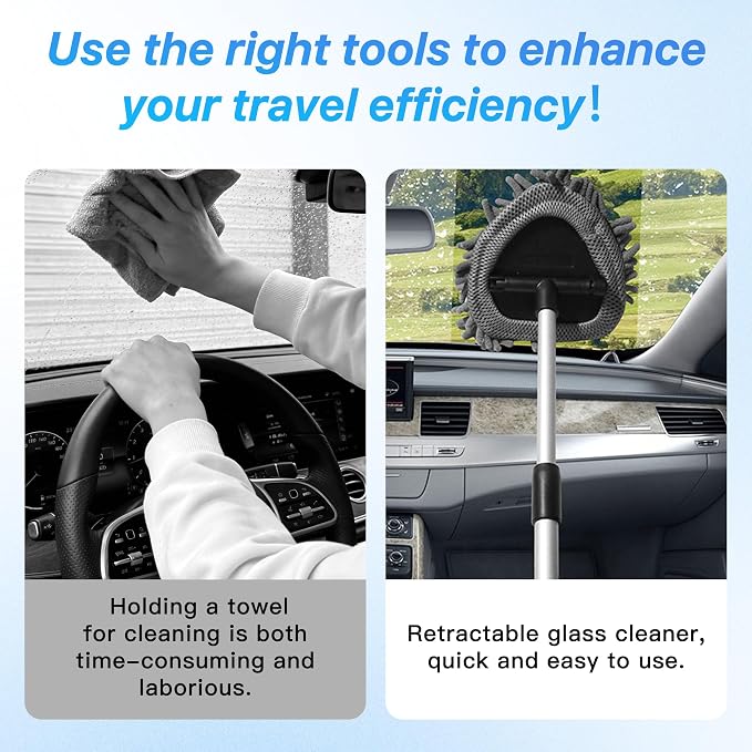 Car Windshield Cleaner Tool Kit with Extendable Handle, Vehicle Window Cleaner with 4 Microfiber Pads and 1 Empty Spray Bottle, Auto Windscreen Cleaning Tool, Universal Fit (Triangle)