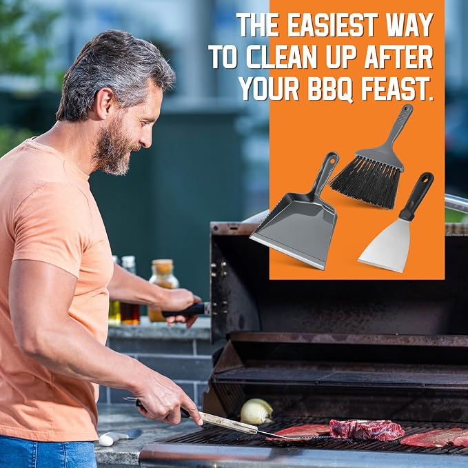 3 Piece Pellet Grill Ash Cleaning Kit, Easy to Remove Ash & Grime | Includes Large Dust Pan, Soft Bristle Brush, Metal Scraper & Wire Brush, Compact & Portable, BBQ Grill Cleaning Essential