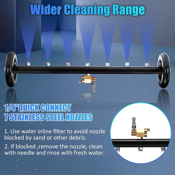 Tool Daily 24" Undercarriage Cleaner & Water Broom, 7 Nozzles, 1/4" QC | Fits Most Pressure Washer Wands, Pivoting Coupler Switches Modes, For Driveways, Decks, Patios, 4000 PSI