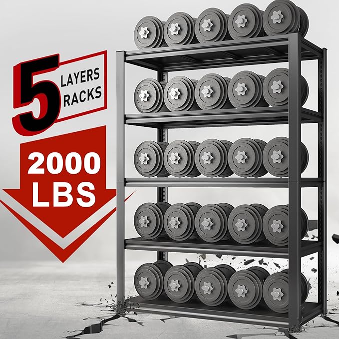 Raybee Garage Shelving 2000LBS Storage Shelves Adjustable Metal Shelves 5 Tier Heavy Duty Shelving Metal Shelf for Basement Pantry Kitchen 32" W x 16.5" D x 63" H