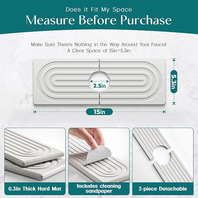 eormoe Faucet Mat for Kitchen Sink - Wider Diatomite Fast Drying Stone Sink Tray, Super Absorbent, Prevents Moisture Buildup - Faucet Splash Guard for Bathroom Counter (Light Grey, 15x5.3inch)