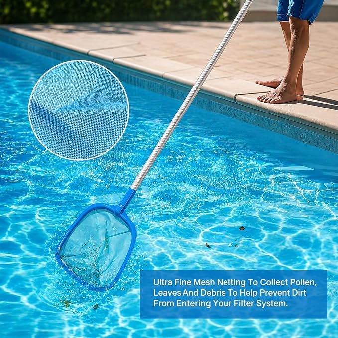 Pool Mesh Skimmer Net with Adjustable Aluminum Pole, Fine Leaf Skimmer for Above Ground & Inground Pools, Hot Tub, Spa & Pond, Pool Cleaner for Leaves, Bugs and Debris Easily Catches Leaves