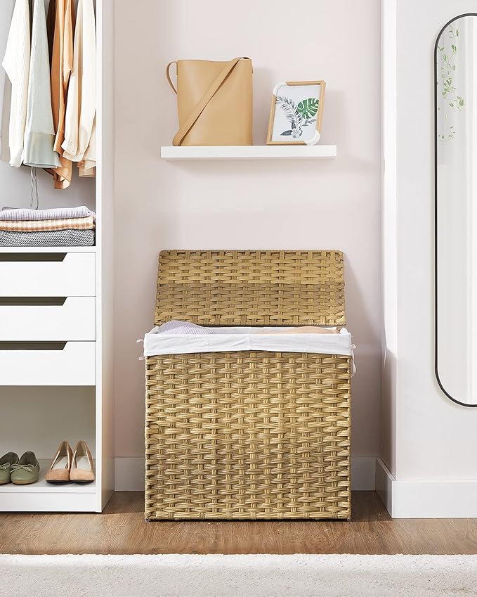 SONGMICS Laundry Hamper with Lid, 130L Clothes Hamper with 2 Removable Liner Bags, 6 Mesh Bags, Wicker Laundry Basket, Double Laundry Hamper for Bathroom, 13 x 26 x 23.6 Inches, Natural ULCB253N01