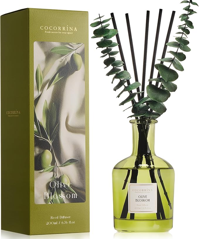 Olive Blossom Reed Diffuser, 6.76 oz | Real Dried Eucalyptus Leaves, 8 Reeds, Long-Lasting Essential Oil, Home Fragrance, Bedroom or Bathroom Décor