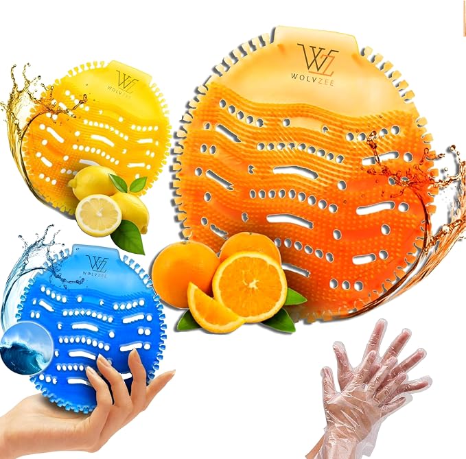 Urinal Screen Deodorizer (24 Packs) with 48 Gloves | 3 Fresh Scents, Ocean, Orange, Lemon| Urinal Cakes | Anti-Splash - Odor Protection for Toilets in Bathroom Restaurant Office Stadium School