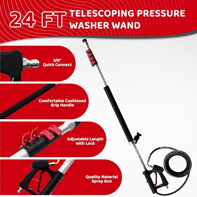 RIDGE WASHER 24 FT Telescoping Pressure Washer Wand, with Brush, 4000 PSI | Telescopic Gutter Cleaner With 3 Stainless Steel Curve Wands, Adjustable Support Belt, 7 Nozzles
