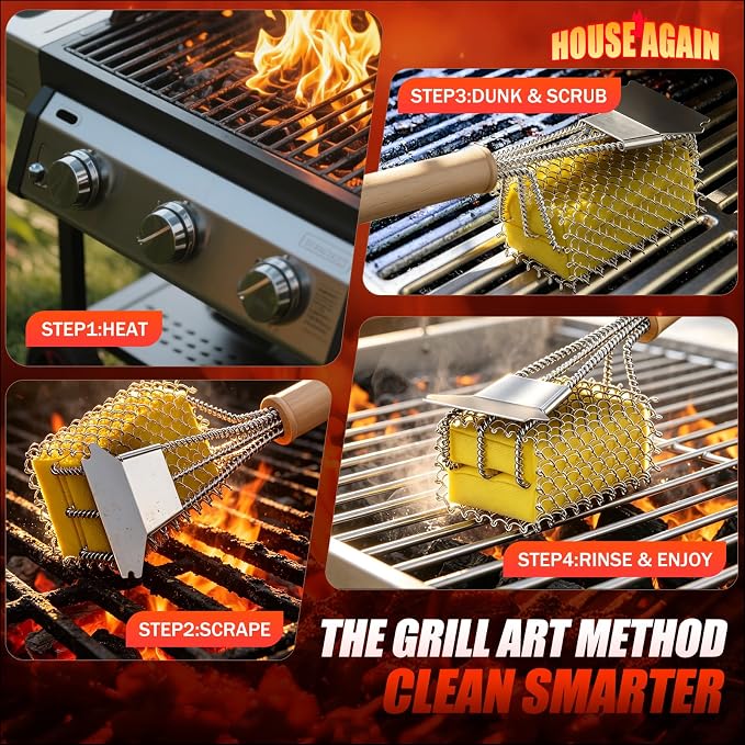 HOUSE AGAIN Bristle-Free Grill Brush with Scraper - Safe Steam Clean BBQ Brush with 18" Heat-Resistant Handle, 304 Stainless Locked-Core Mesh Head & HD Scraper | Grill Grate Cleaner Tool