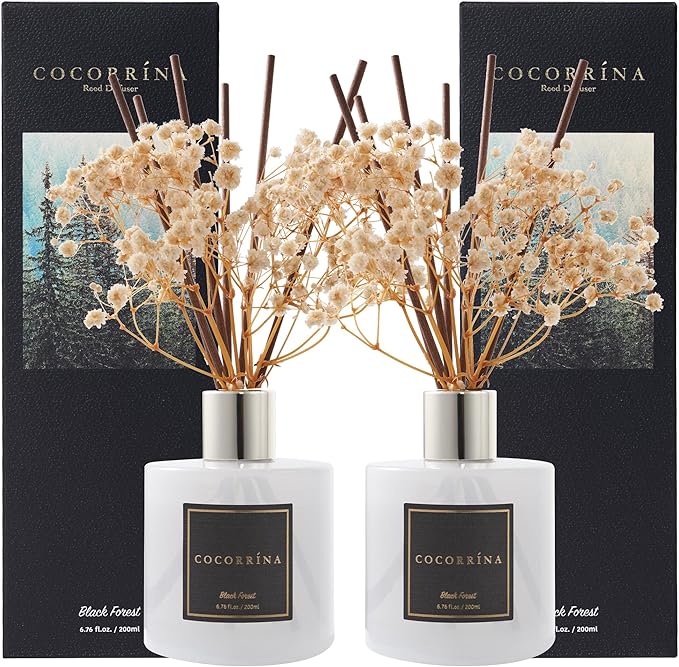 Premium Reed Diffuser Set with Preserved Baby's Breath & Cotton Stick Black Forest 2 Packs, 6.7oz Scent Fragrance Oil Diffuser for Bedroom Bathroom Home Décor