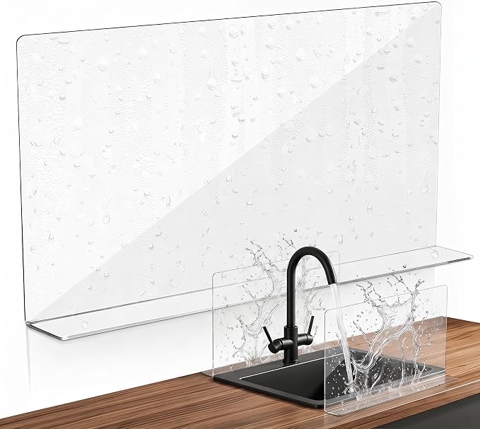 PRETYZOOM Kitchen Sink Splash Guard Acrylic Water Barrier for Bathroom and Kitchen Sink 15.74 X 8.26 X 1.96 Inches Protection Anti-Splashing Guard with Smooth Surface Easy to Clean