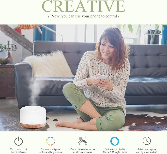 ASAKUKI Smart Wi-Fi Essential Oil Diffuser, 500ml App Control Humidifier | Voice Control Compatible with Alexa, Aromatherapy for Relaxing Atmosphere in Home Office Bedroom(Light Brown)