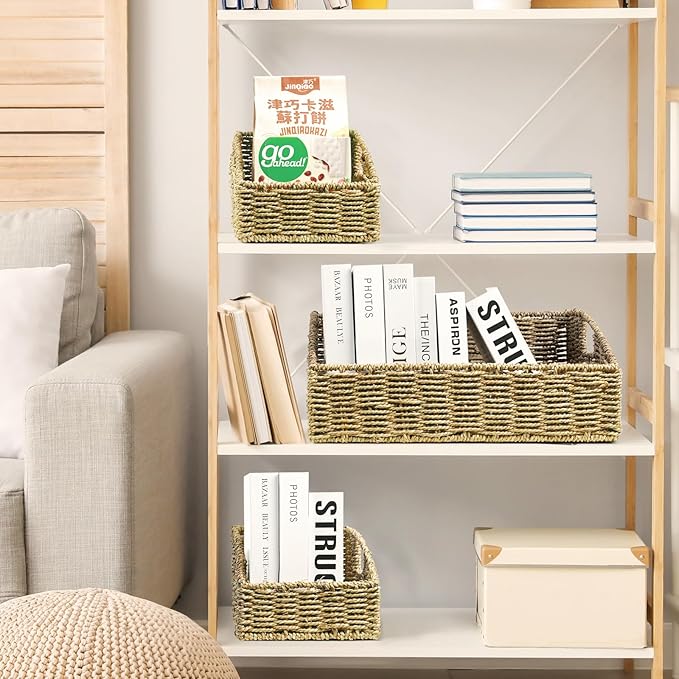 Ollieroo Natural Seagrass Storage Baskets, Handwoven Wicker Storage Bins with Built-in Handles, Storage Container Baskets for Shelves, Bedroom, Bathroom, Laundry Room or Kitchen(Green)