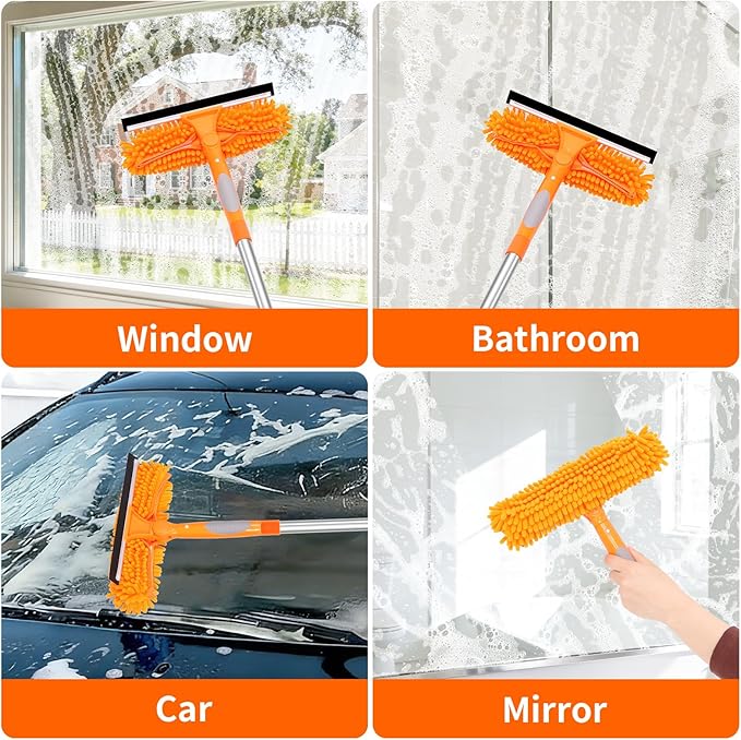 67" Squeegee Window Cleaner, 2 in 1 Professional Window Cleaning Tool Kit with Extension Pole, Window Washing Equipment with Rotatable Head for Indoor Outdoor Windows Car Glass