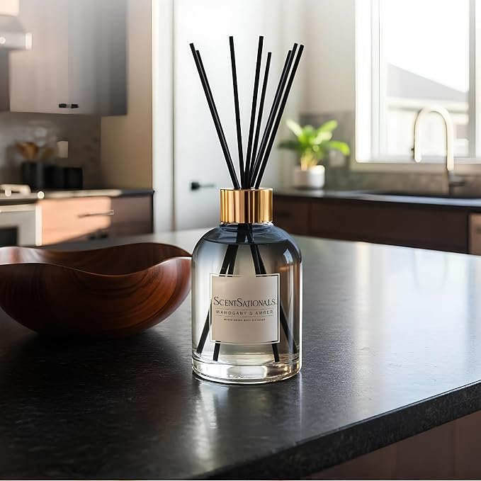 ScentSationals Mahogany & Amber Water-Based Reed Diffuser - 5 FL OZ | Mahogany, Amber, & Palo Santo - Warm and Woodsy Scented Home Fragrance