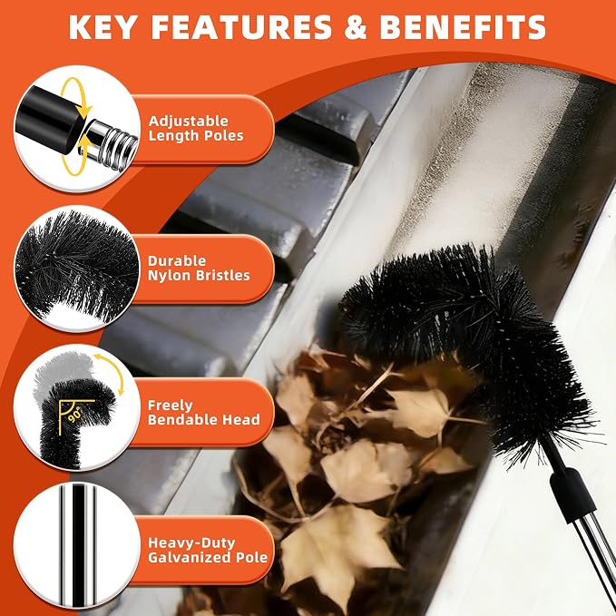 10.5 FT Gutter Cleaning Tools from The Ground with 2Pcs Nylon Brush Stainless Steel Telescopic Pole Adjustable Gutter Cleaner Tools No Ladder Needed for Easy Remove Branches Leaves