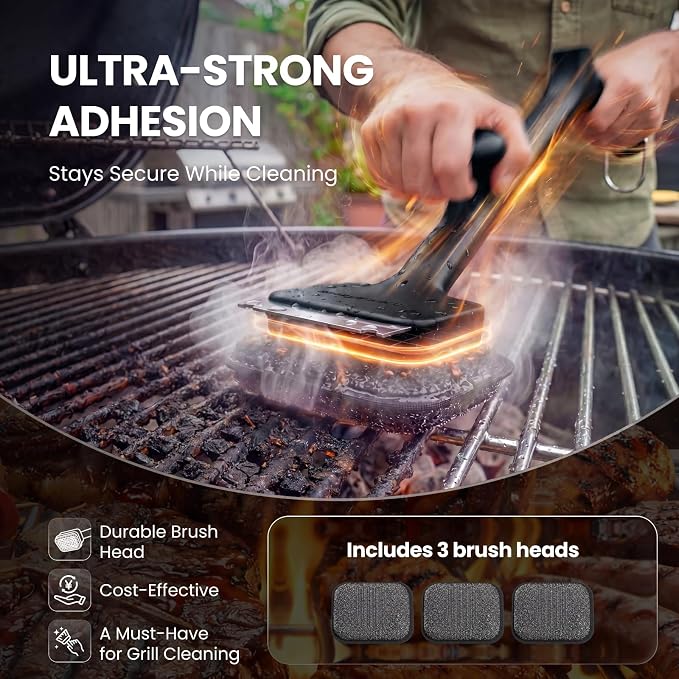 ThermoMaven Bristle-Free BBQ Grill Brush - No Wire Risk Steam Cleaner Removes Burnt Grease Fast - 17" Cool-Touch Handle, Scraper & 3 Replaceable Heads for Gas, Charcoal & Cast Iron