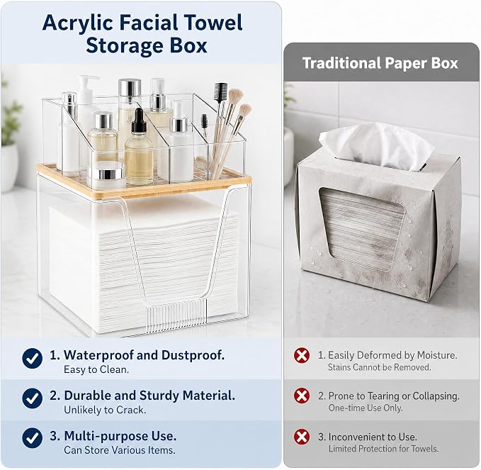 Disposable Facial Towel Holder, 2 Tier Cosmetic Storage Organizer Box | Clear box with Bamboo Lid Compatible with Clean Skin Club Towel XL, Skincare Organizer for Vanity Bathroom Countertop, 1 Pack