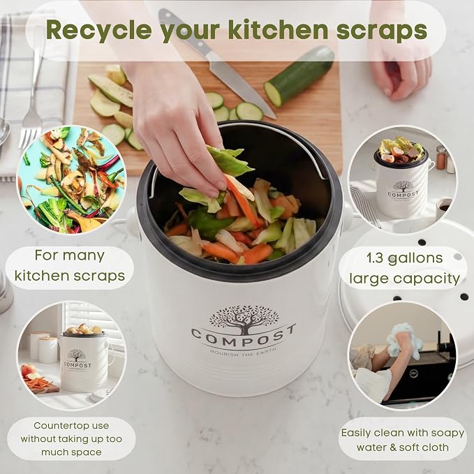 Perfnique 1.3 Gal Kitchen Compost Bin with Lid, Countertop Compost Caddy | Indoor compost bucket with inner bucket liner and carbon filter, compact food waste bin, farmhouse kitchen decor
