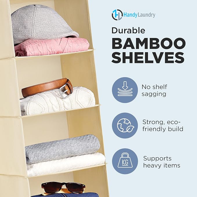 Handy Laundry Hanging Closet Organizer - 6 Shelf Storage for Clothes, Sweaters, Shoes & Accessories - Space-Saving Wardrobe Shelves with Hooks for Dorm, RV & Small Closet Organization (Beige)
