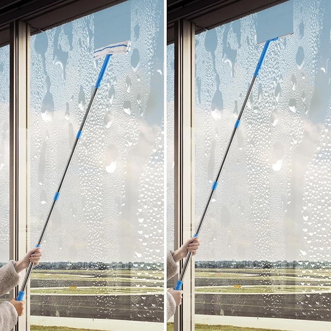 Window Cleaner with Long Handle(57IN), Glass Cleaning Tools with Silicone Squeegee & Microfiber Scrubber, Window Cleaning Kit for Shower Glass Mirror Door Car | Glass Cleaning Tools Extendable, Silicone Squeegee & Microfiber Scrubber, Telescopic Window...